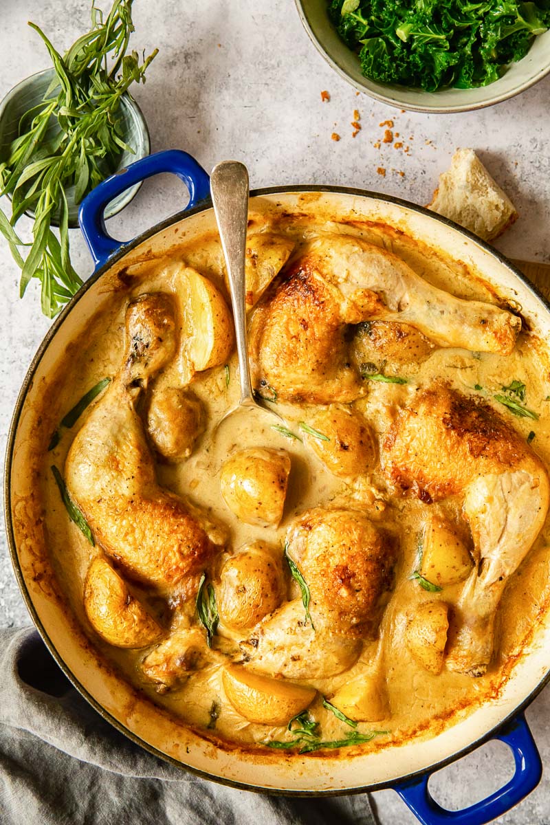 chicken legs and potatoes in creamy tarragon sauce