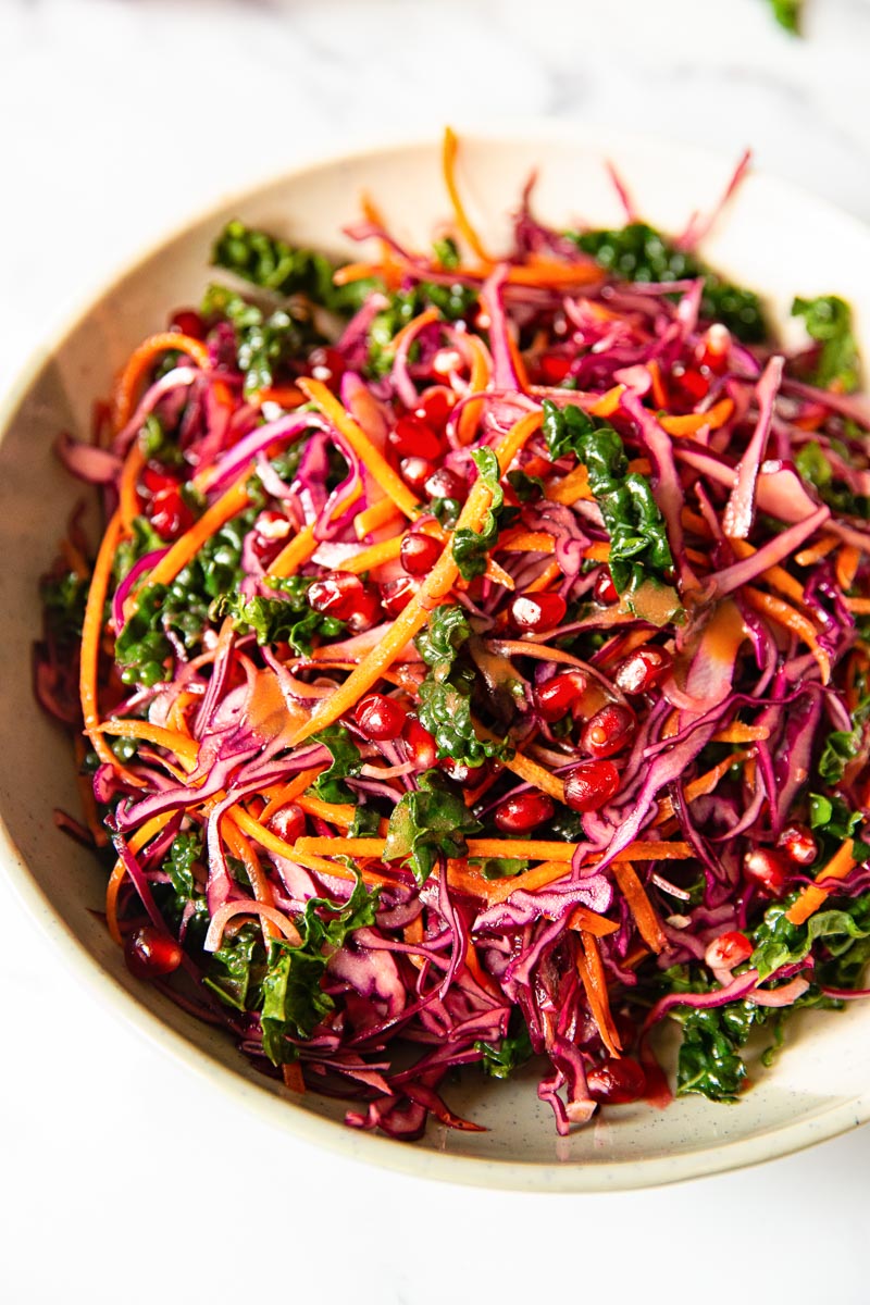 Red Cabbage, Kale and Pomegranate salad in a bowl