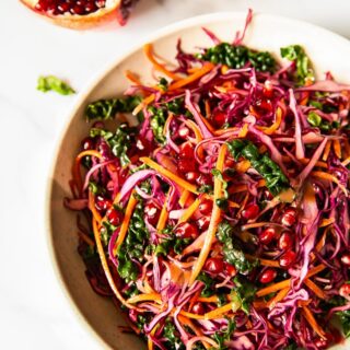 Red Cabbage, Kale and Pomegranate salad in a bowl