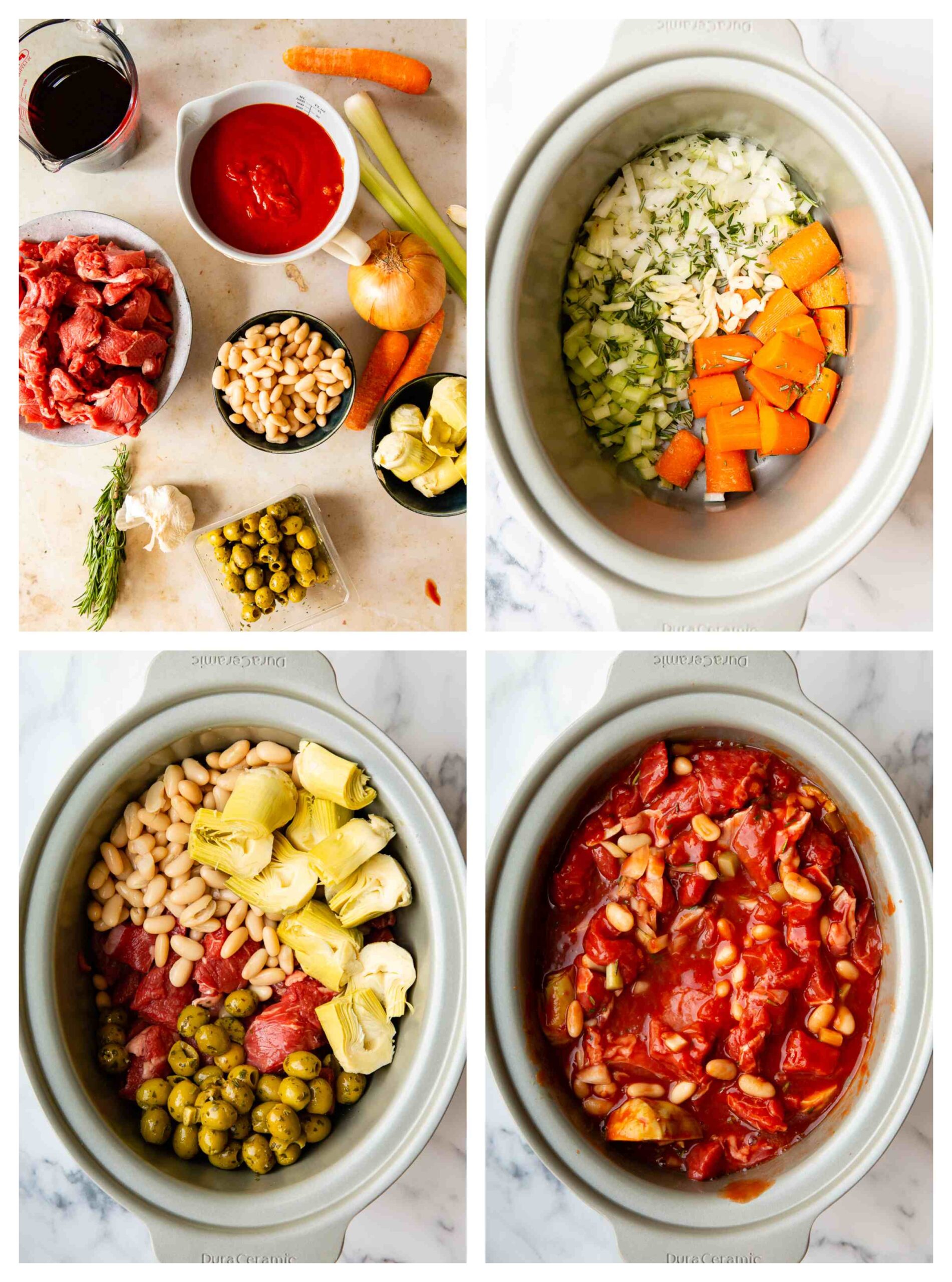 four cooking process images showing how to make it in a slow cooker