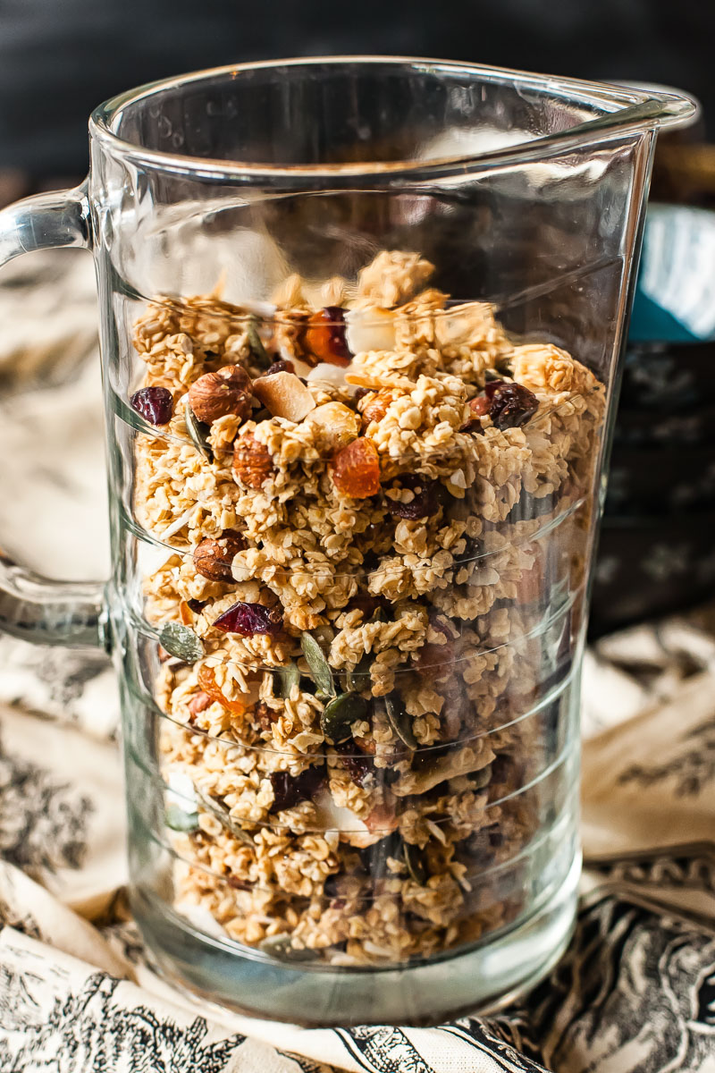 homemade granola in a glass jug