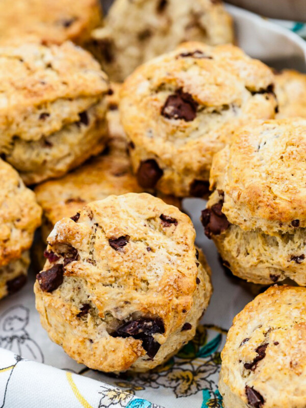 chocolate chip scones on teal towel