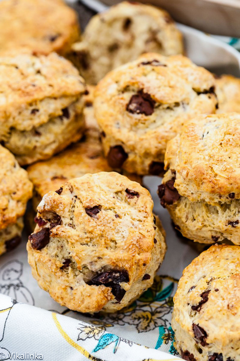 chocolate chip scones on teal towel