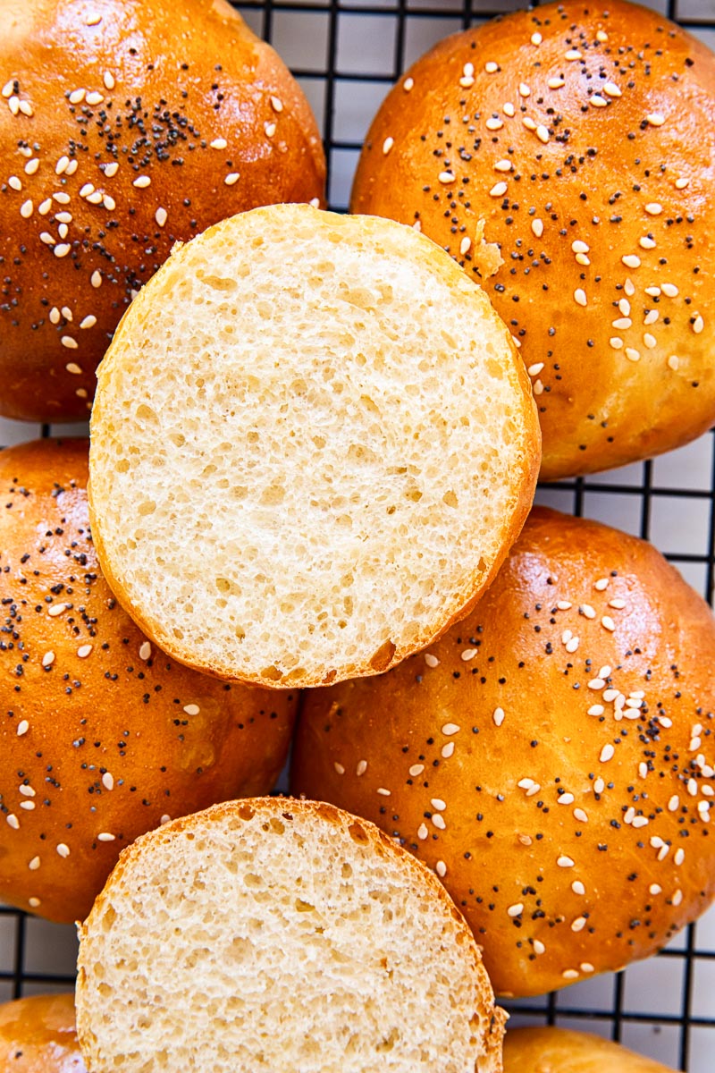 hamburger bun cut in half with the exterior crumb exposed