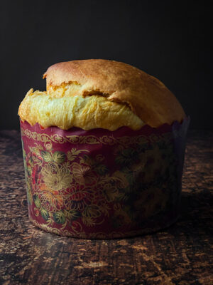 Baked Paska bread in a decorative paper mould