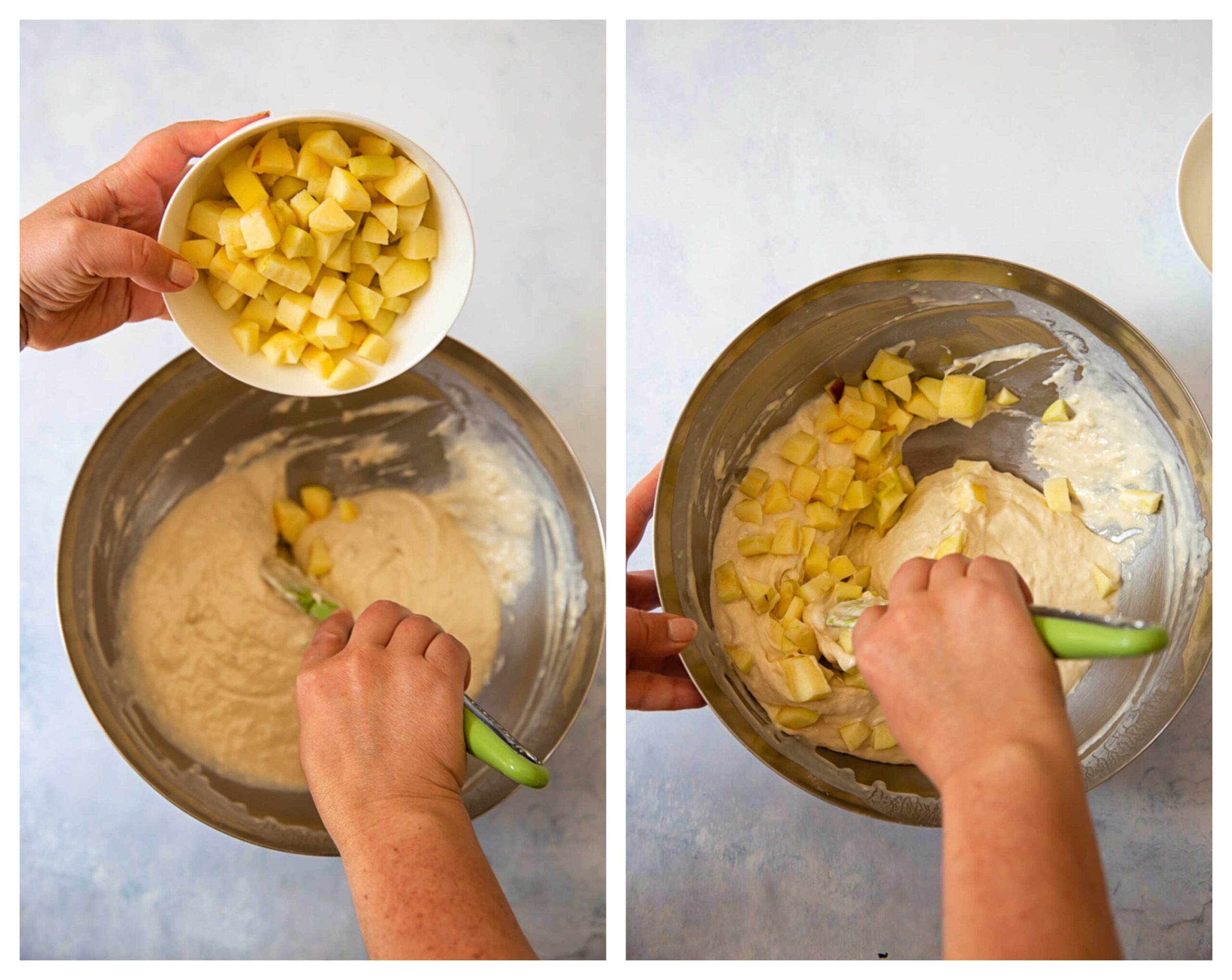 four cooking process images showing how to make the batter