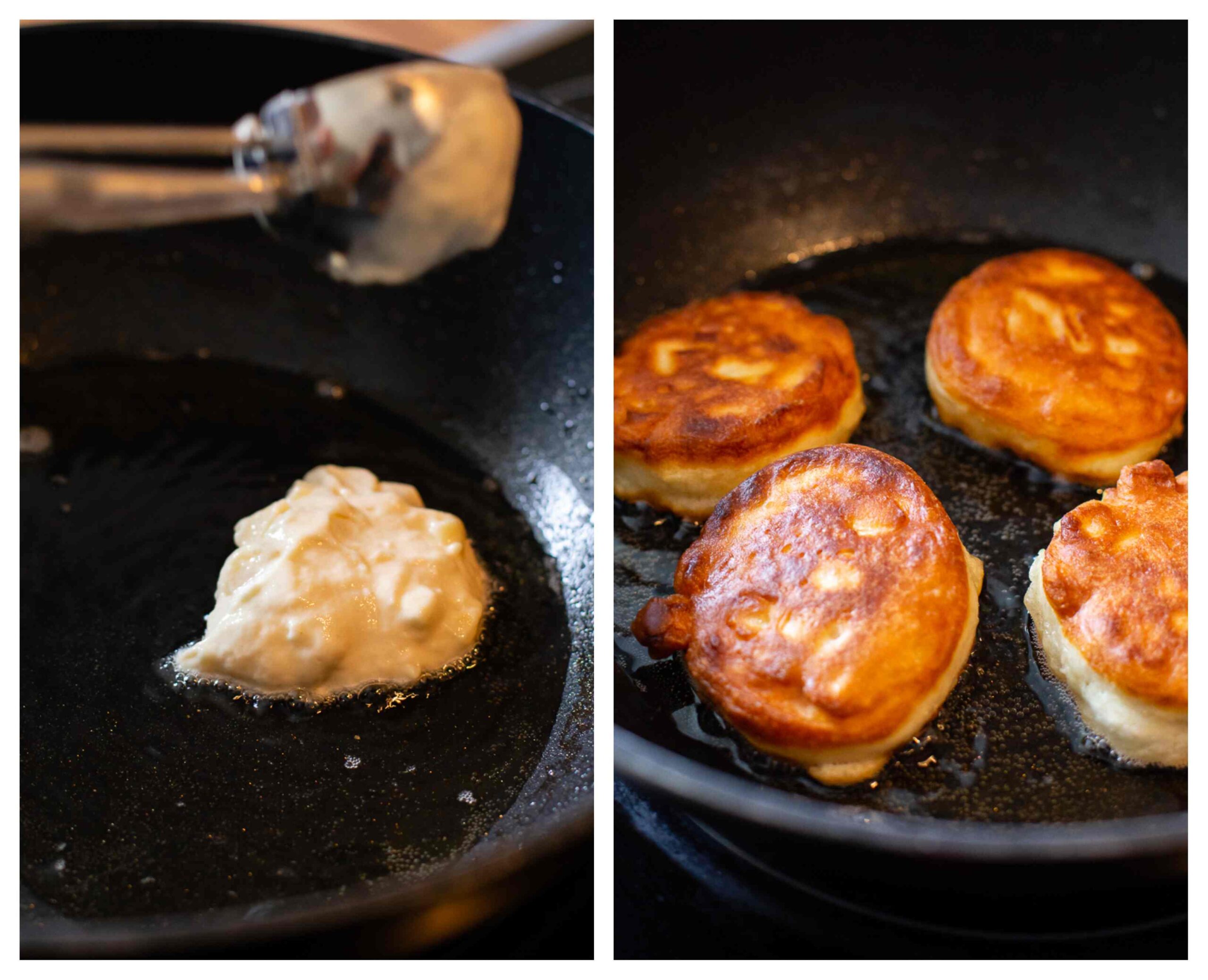 Fritters cooking process images showing frying of the fritters