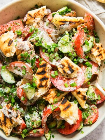 tomato and cucumber salad with grilled pita