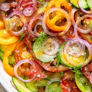 closeup of cucumber tomato salad