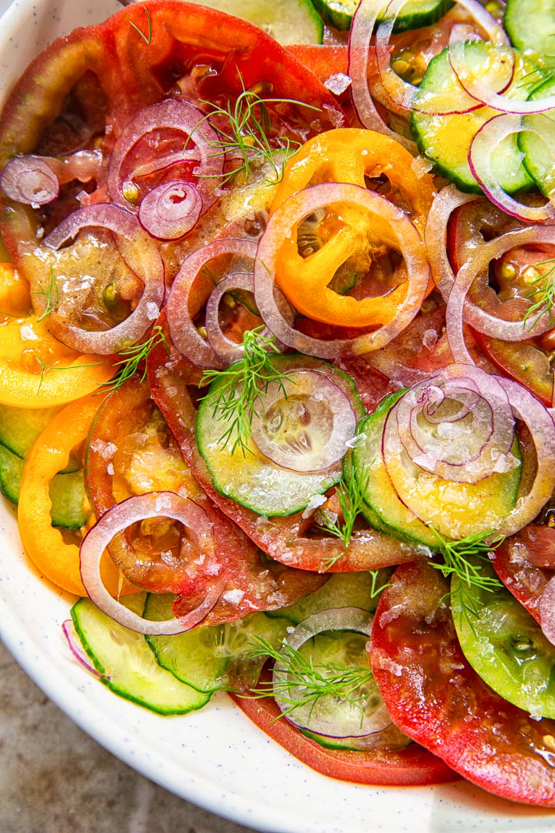 closeup of cucumber tomato salad