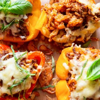 stuffed peppers with the beef and rice filling exposed