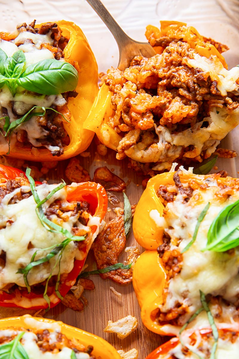 stuffed peppers with the beef and rice filling exposed