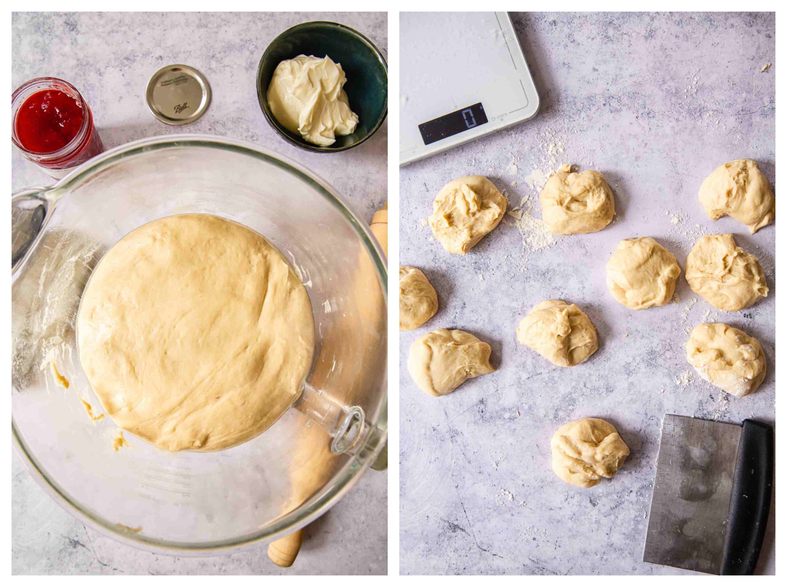 dough in a glass bowl and dough divided into equal part on work surface