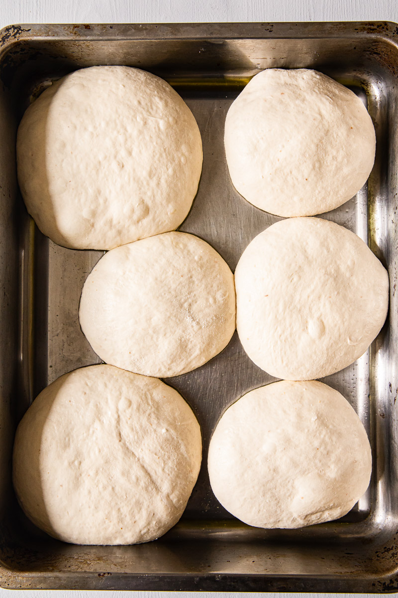 pizza dough pre-portioned for 6 pizzas inside roasting pan