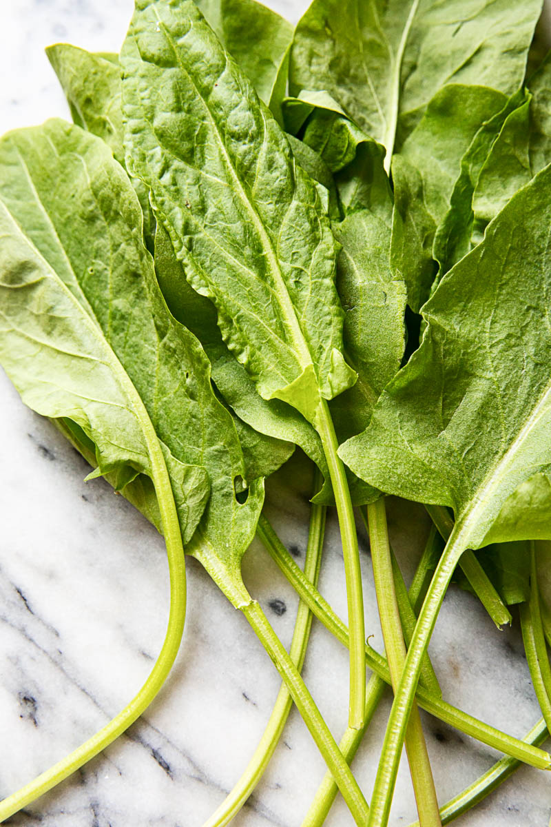 fresh sorrel leaves on marble background