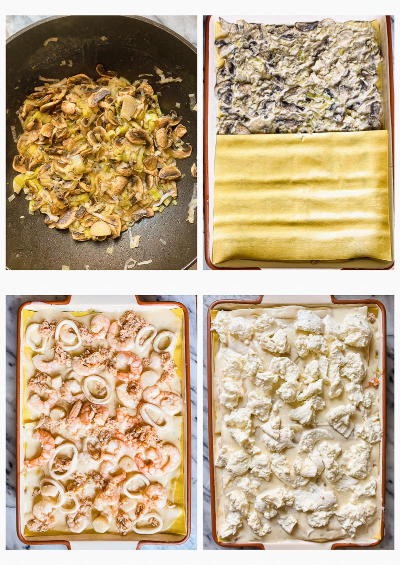 collage of 4 images that show the process of making seafood lasagna