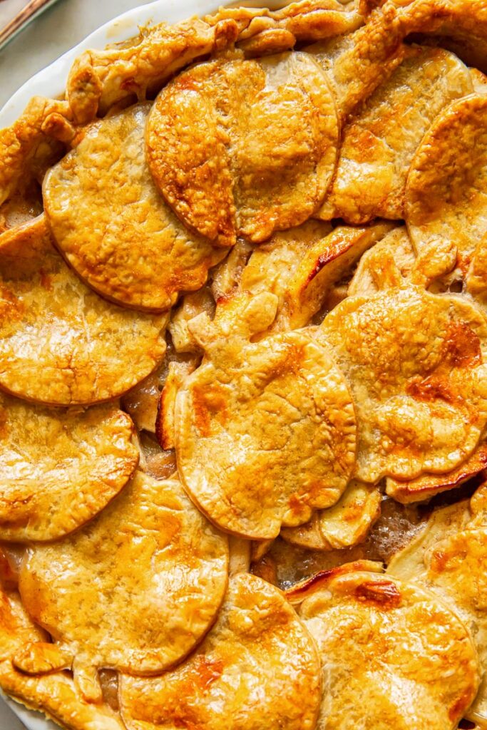 top down view of top crust of an apple pie (close up)