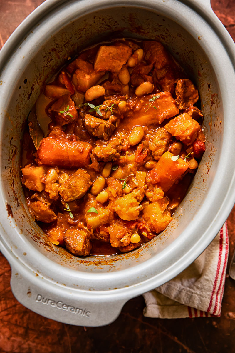 pork and vegetable stew in slow cooker