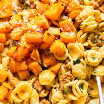 roasted butternut squash on top of orecchiette pasta