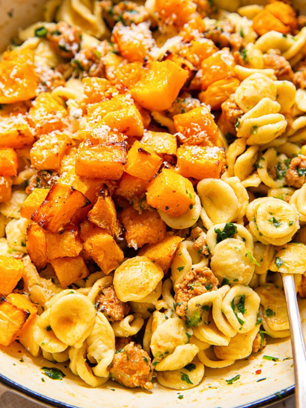 roasted butternut squash on top of orecchiette pasta