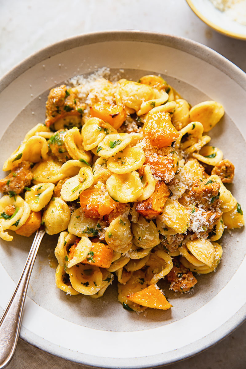 Orecchiette Pasta with Chorizo Sausage and Roasted Butternut Squash