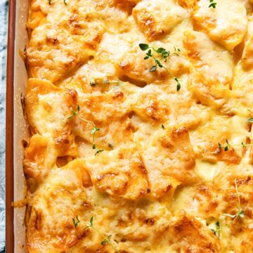 butternut squash dauphinoise in a pan from the top down