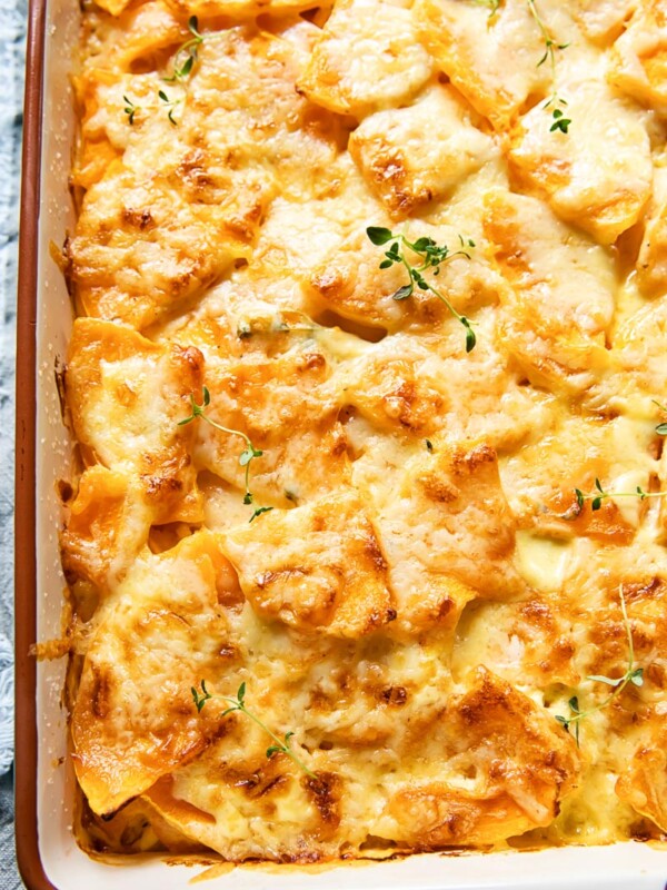 butternut squash dauphinoise in a pan from the top down