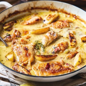 french chicken casserole in a shallow pan