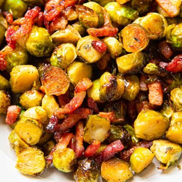 roasted brussels sprouts with bacon in a bowl