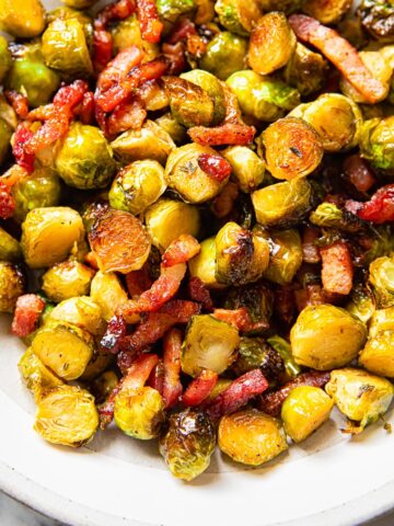 roasted brussels sprouts with bacon in a bowl