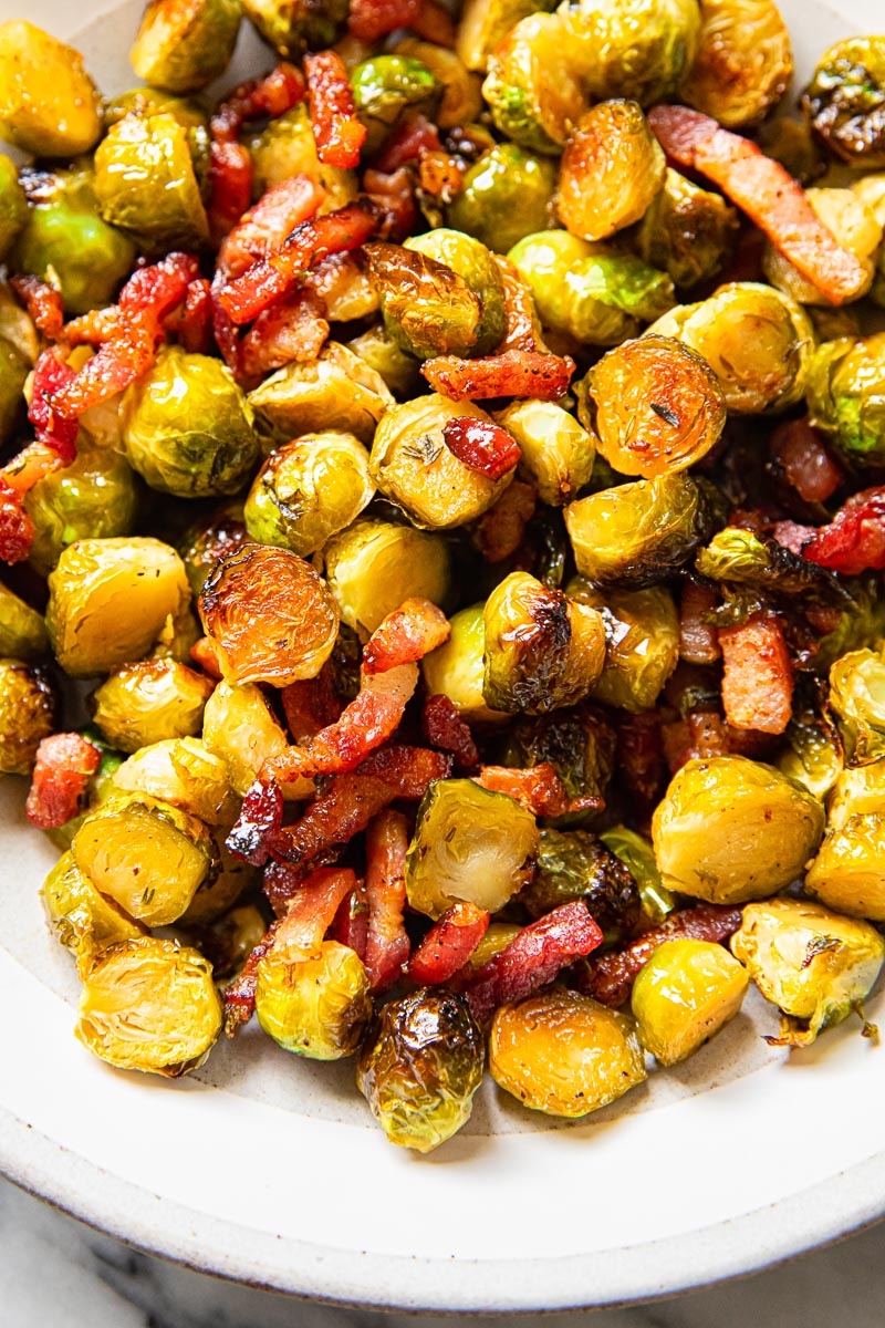 roasted brussels sprouts with bacon in a bowl