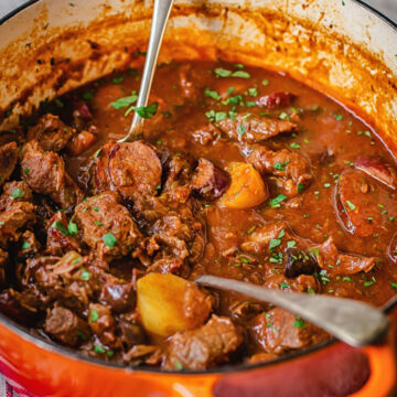 beef stew in orange pot