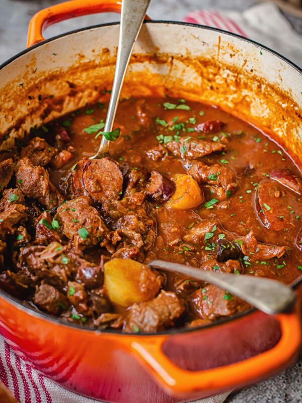 beef stew in orange pot