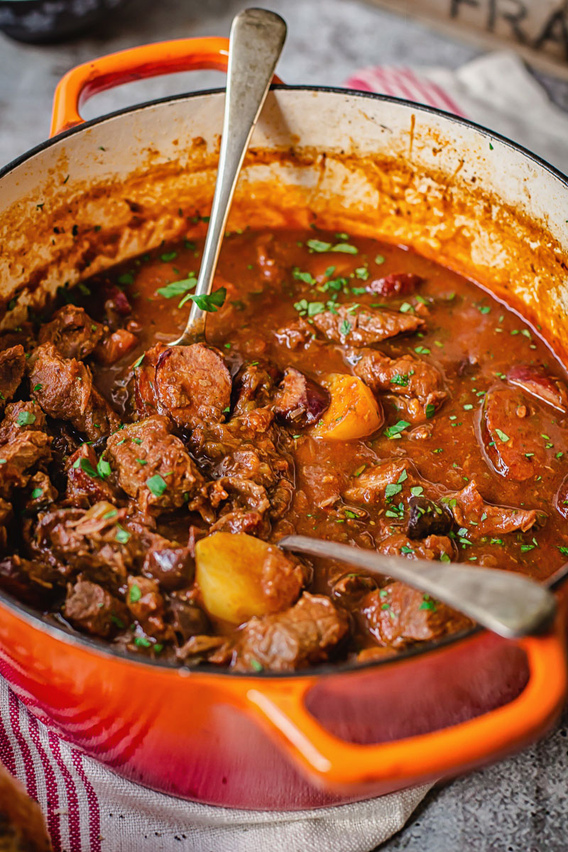 beef stew in orange pot