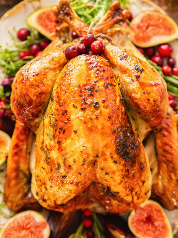 top down view of roast turkey on platter