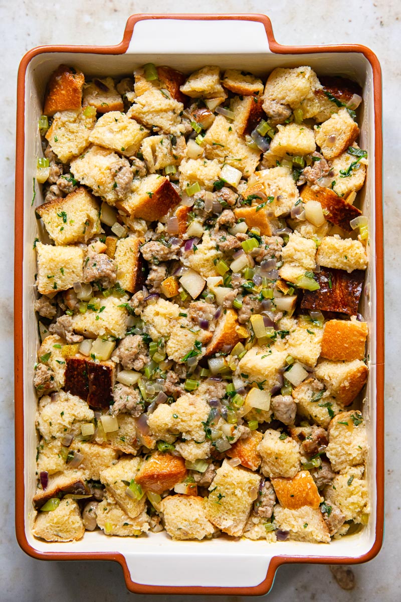 unbaked stuffing in a rectangular pan