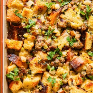 top down view of bread and sausage stuffing