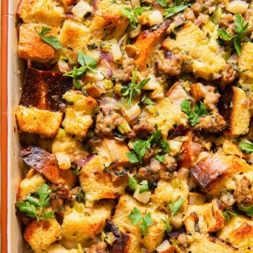 top down view of bread and sausage stuffing