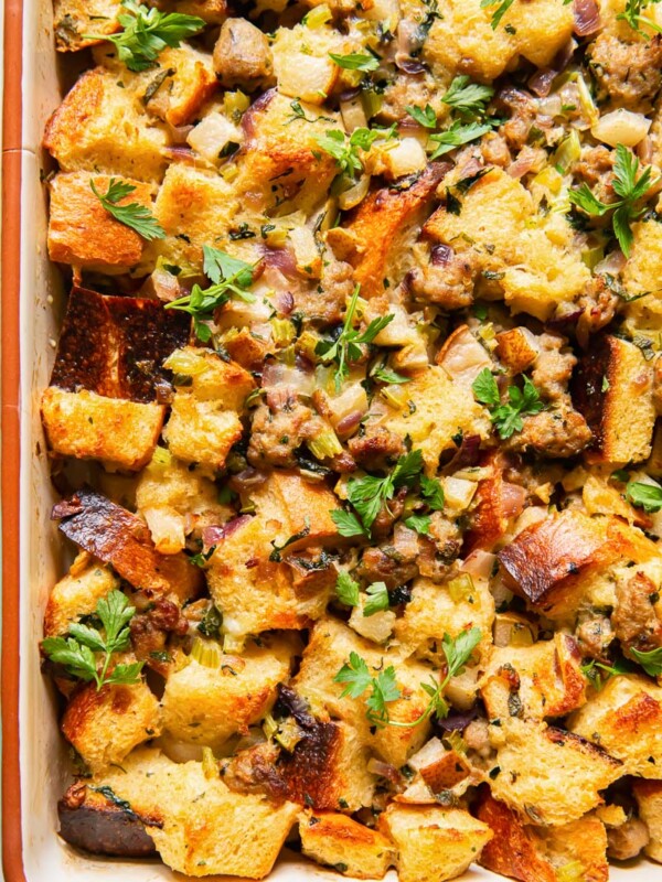 top down view of bread and sausage stuffing