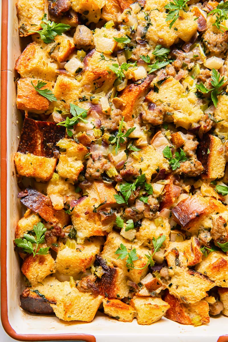 top down view of bread and sausage stuffing