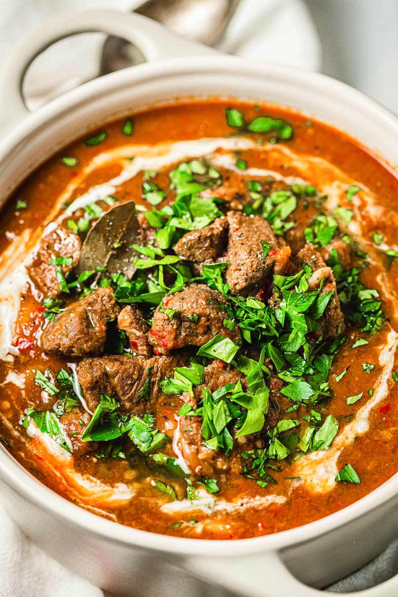 Hungarian goulash sprinkled with fresh parsley
