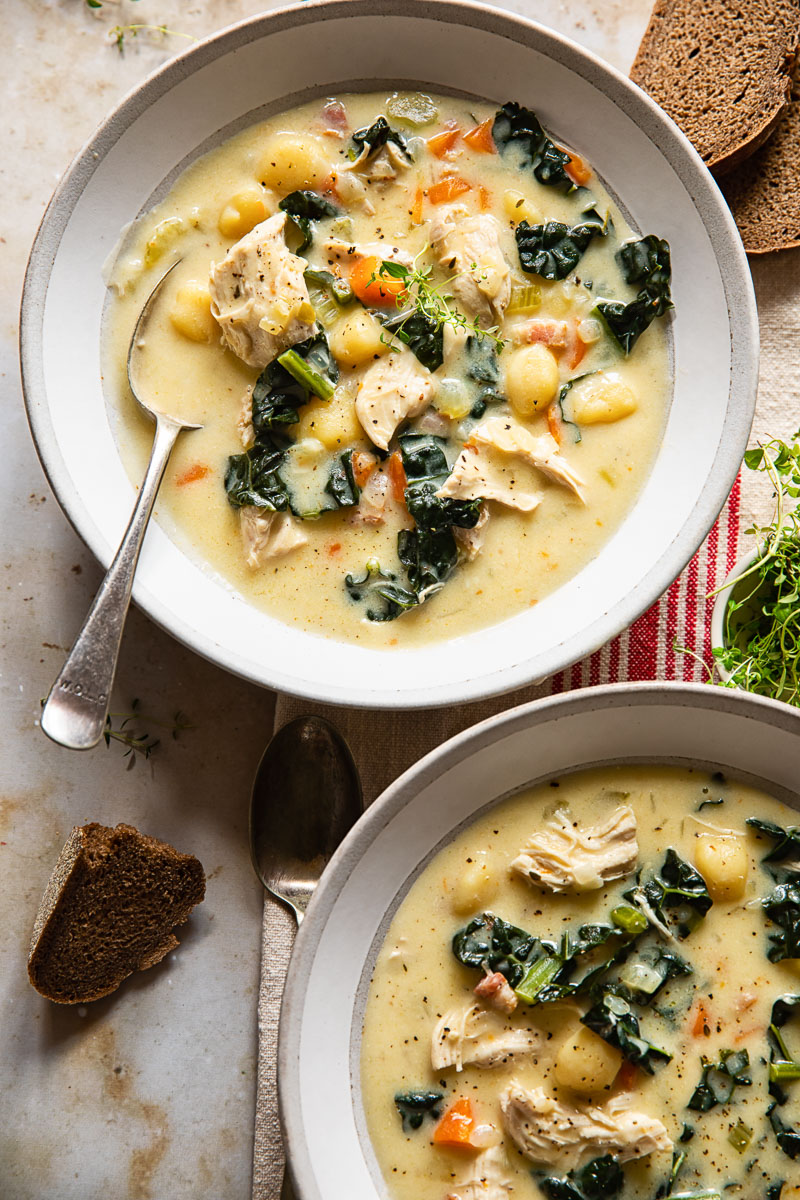 top down view of two bowls filled with creamy soup