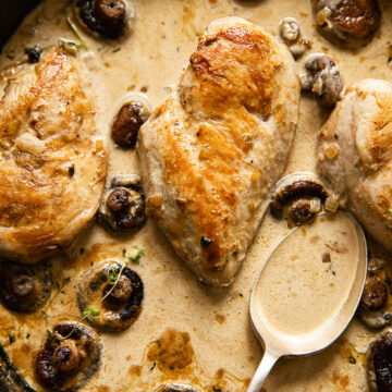 chicken breasts with mushrooms in cream sauce in skillet