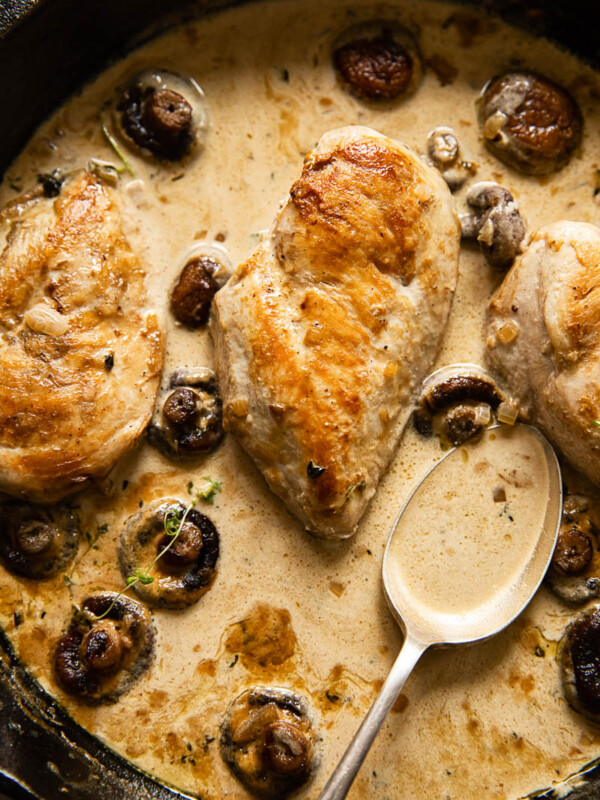 chicken breasts with mushrooms in cream sauce in skillet