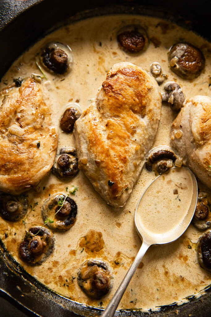 chicken breasts with mushrooms in cream sauce in skillet