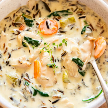 chicken wild rice soup in a creamy bowl with a spoon inside the bowl