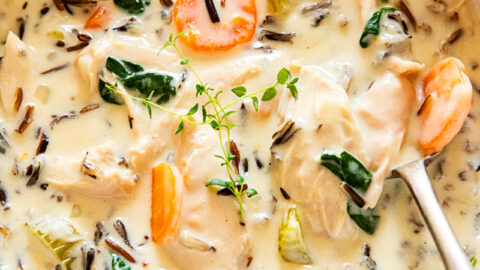 chicken wild rice soup in a creamy bowl with a spoon inside the bowl