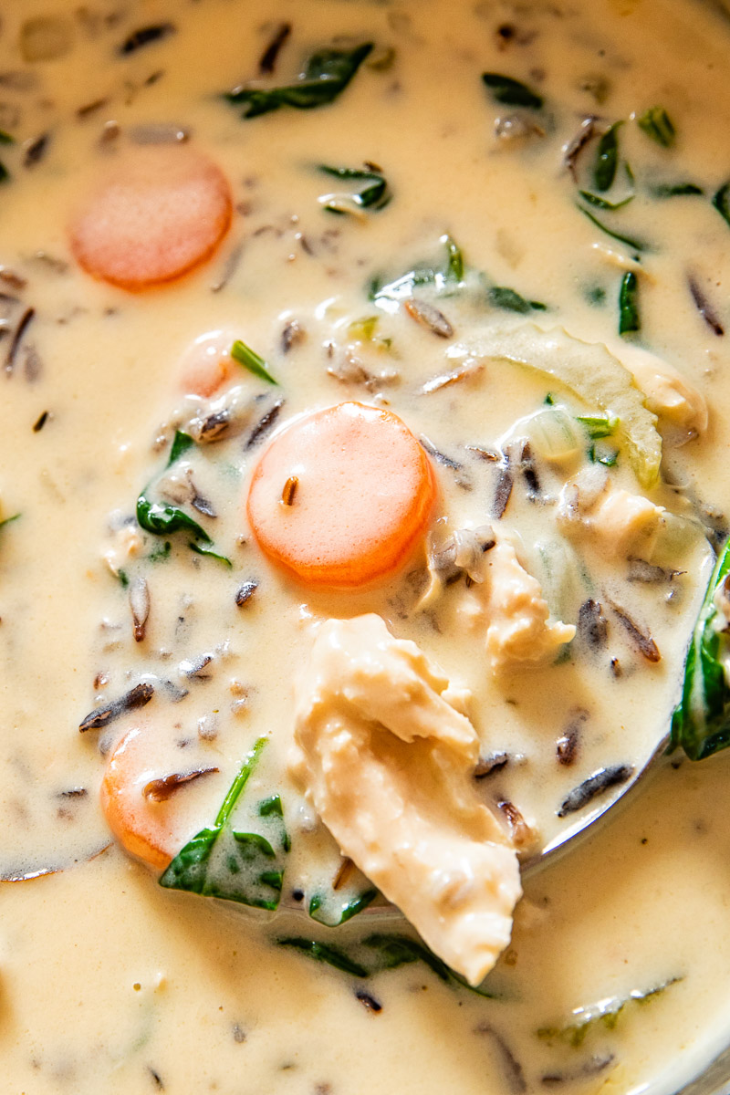 close up of creamy chicken wild rice soup