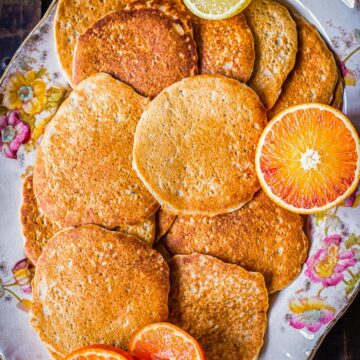 top down view of pancakes on a platter