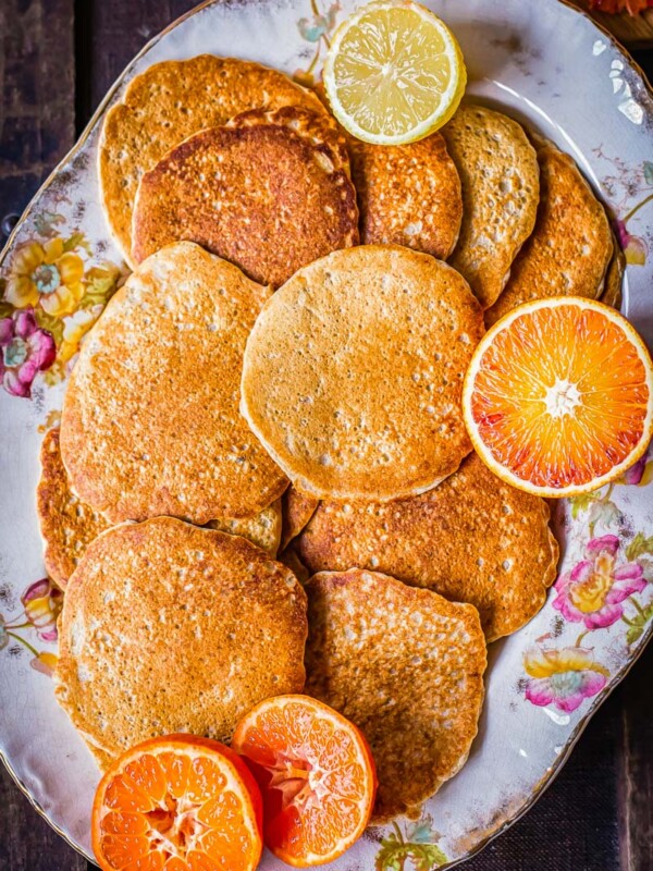 top down view of pancakes on a platter